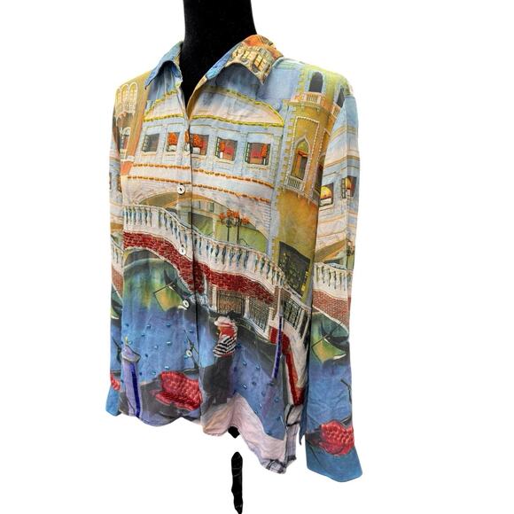 Nicole Taylor Venice Scenic Beaded Silk Shirt Large Gondola Italy Print - Picture 5 of 9